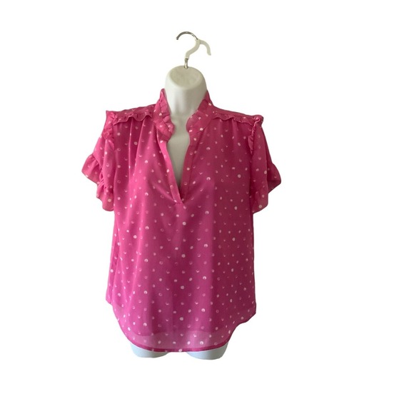 J. Crew Women's Pink/White Short Sleeve Ruffled Top Size Small Pre-Owned - Picture 1 of 6